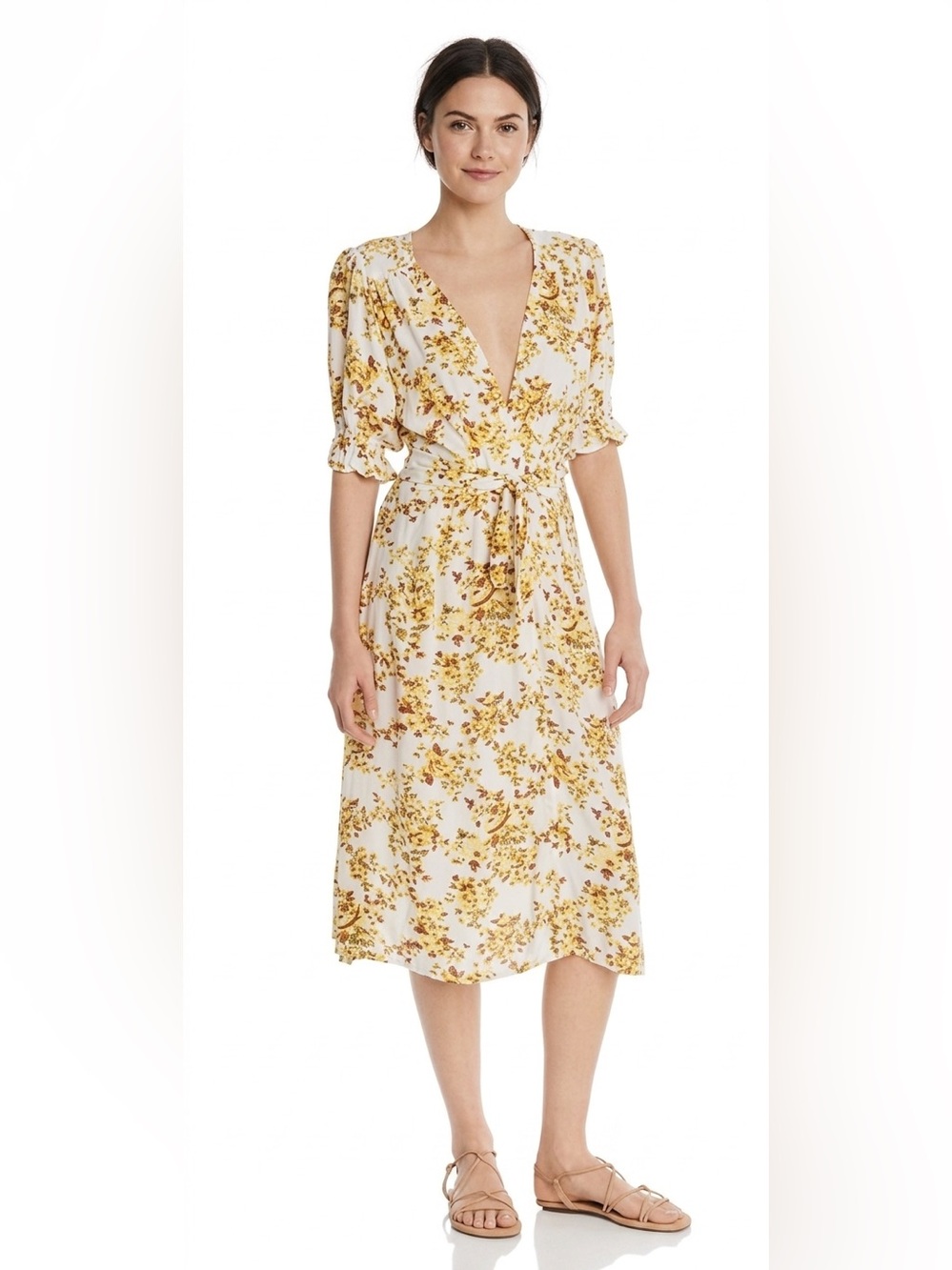Faithfull the Brand Crinkled Button-Down V-Neck Floral Midi Dress Size 4